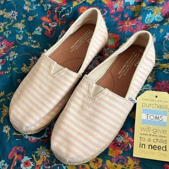 Brand New Toms Blossom Woven Stripe Rope Sole Slip On Flats Spring Pink Canvas - Picture 3 of 14